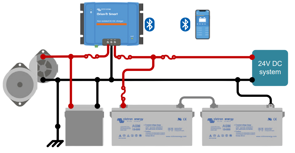 Diagram of a system with two batteries and a DC-DC voltage converter