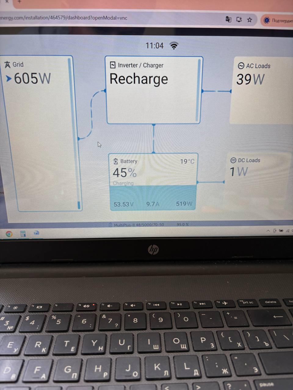 VRM Portal Victron: Battery 45%, Charging 519W